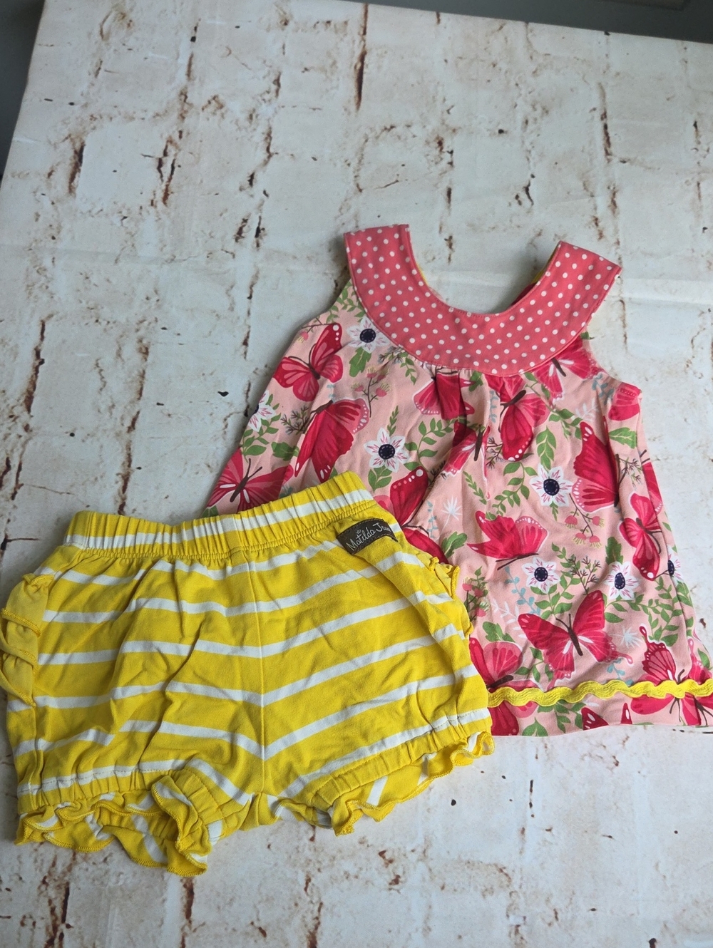 Matilda Jane Pink Butterfly Top & Yellow Stripe Shorts Set